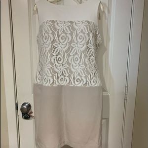 Studio One Sheath Sleeveless Dress Size 12. Linen shade with White lace.